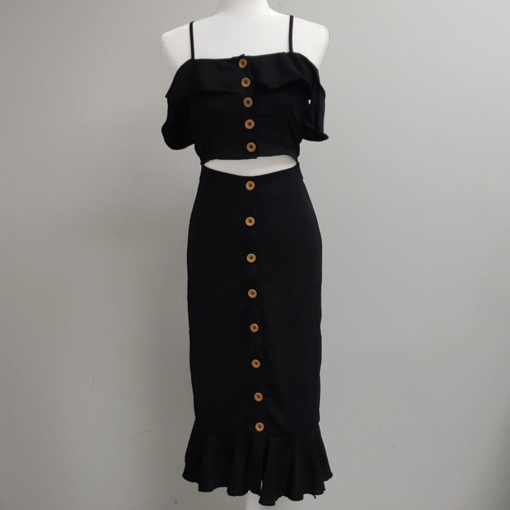 Button down coord set top & midi fit flare skirt